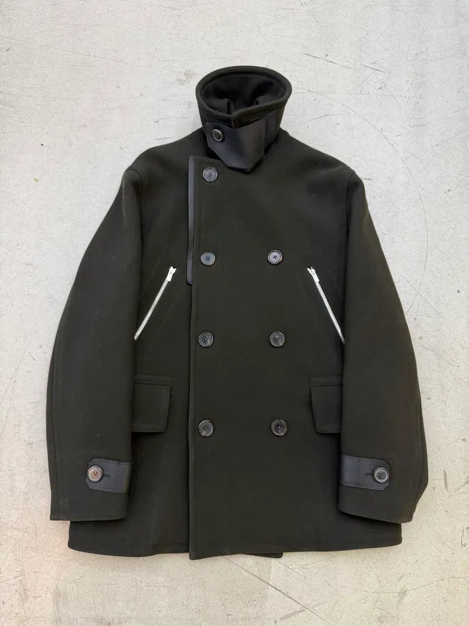AW2019 Hermès Forest Green Wool & Black Leather Caban Jacket oGVUInh 1