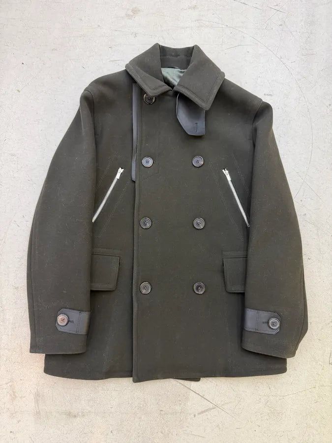AW2019 Hermès Forest Green Wool & Black Leather Caban Jacket oGVUInh 3