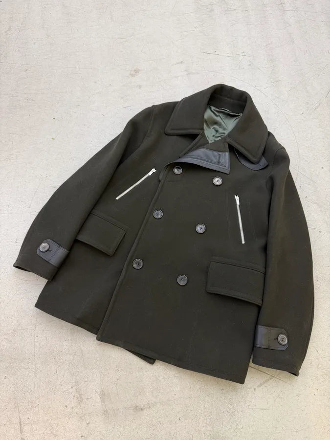 AW2019 Hermès Forest Green Wool & Black Leather Caban Jacket oGVUInh 4