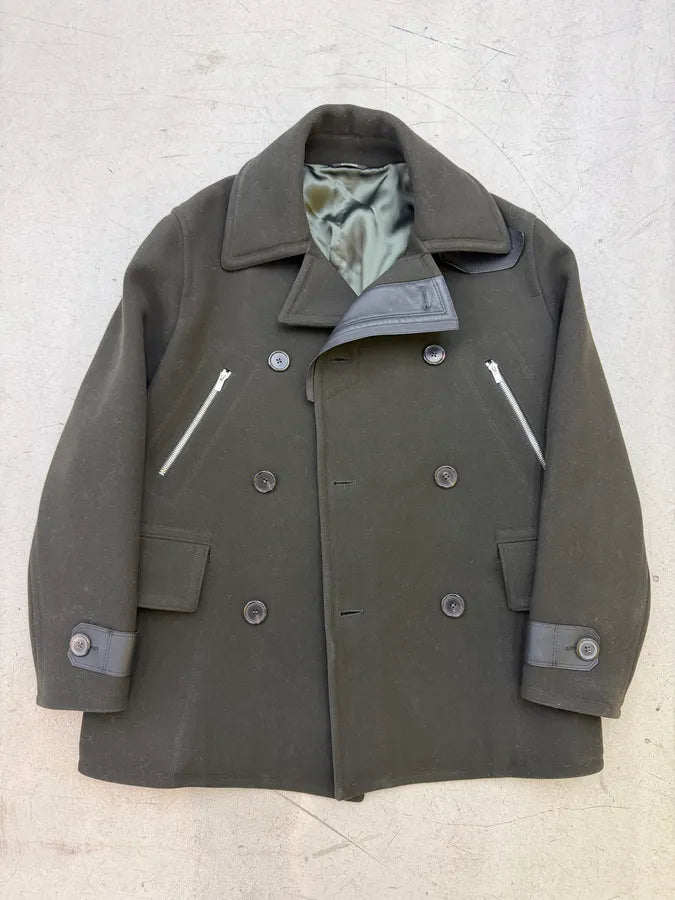 AW2019 Hermès Forest Green Wool & Black Leather Caban Jacket oGVUInh 8