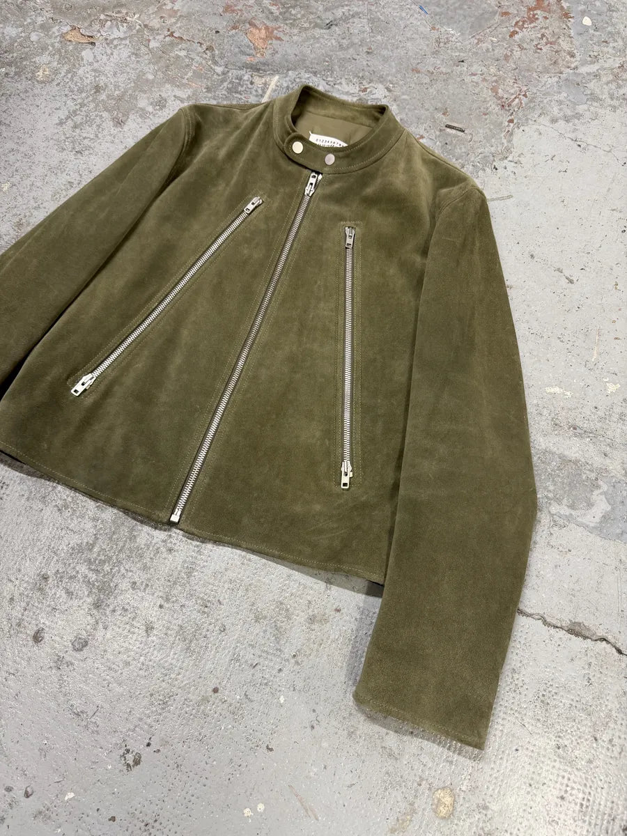 AW2019 Maison Margiela 5-Zip Biker Green Suede Leather Jacket qoBOlCT 5