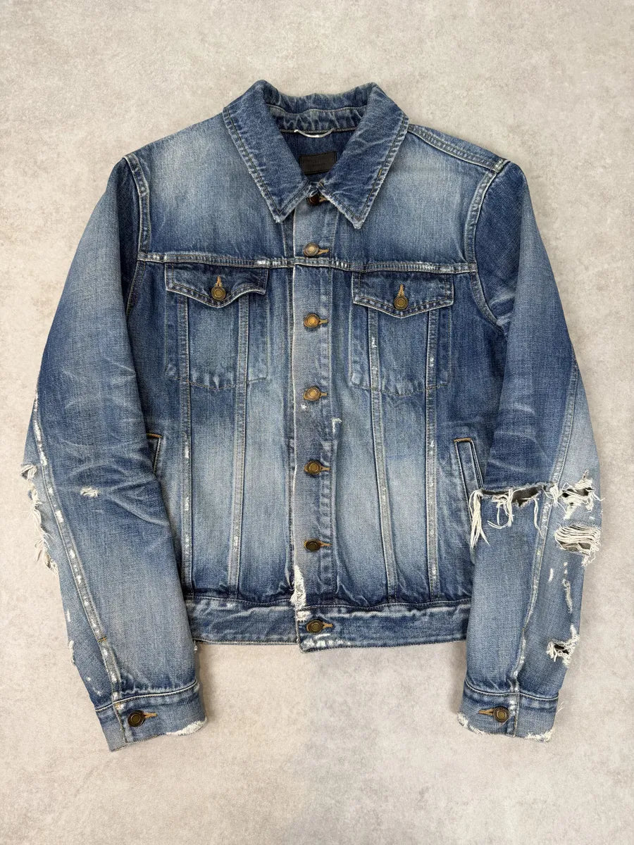 AW2019 Saint Laurent Blue Distressed Denim Jacket FeWMXvO 0