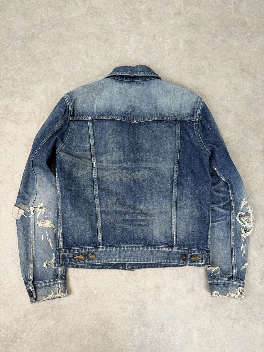 AW2019 Saint Laurent Blue Distressed Denim Jacket FeWMXvO 3