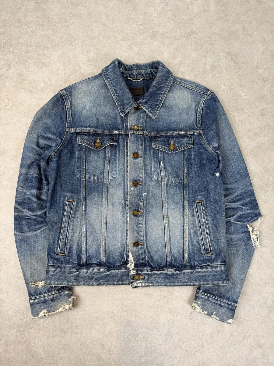 AW2019 Saint Laurent Blue Distressed Denim Jacket FeWMXvO 4