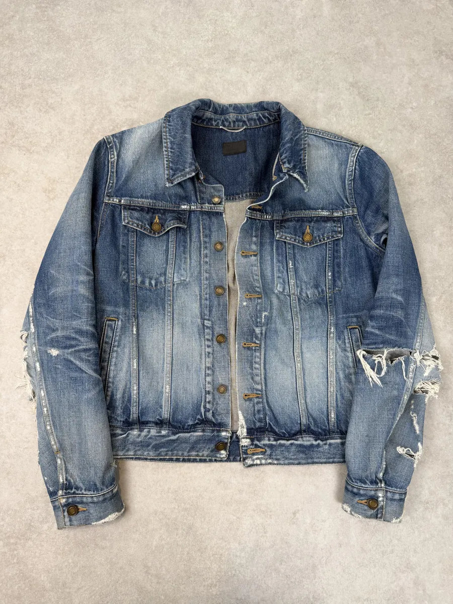 AW2019 Saint Laurent Blue Distressed Denim Jacket FeWMXvO 5