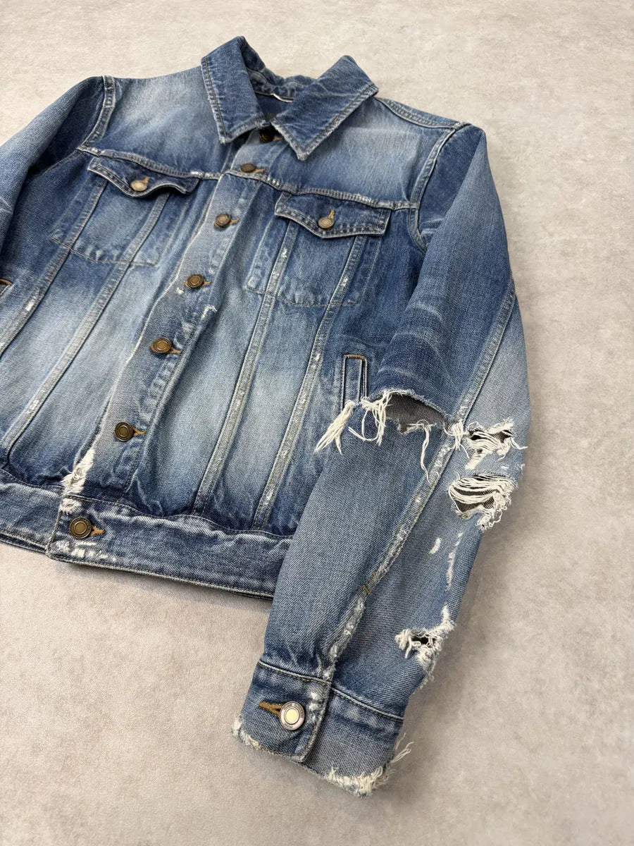 AW2019 Saint Laurent Blue Distressed Denim Jacket FeWMXvO 7