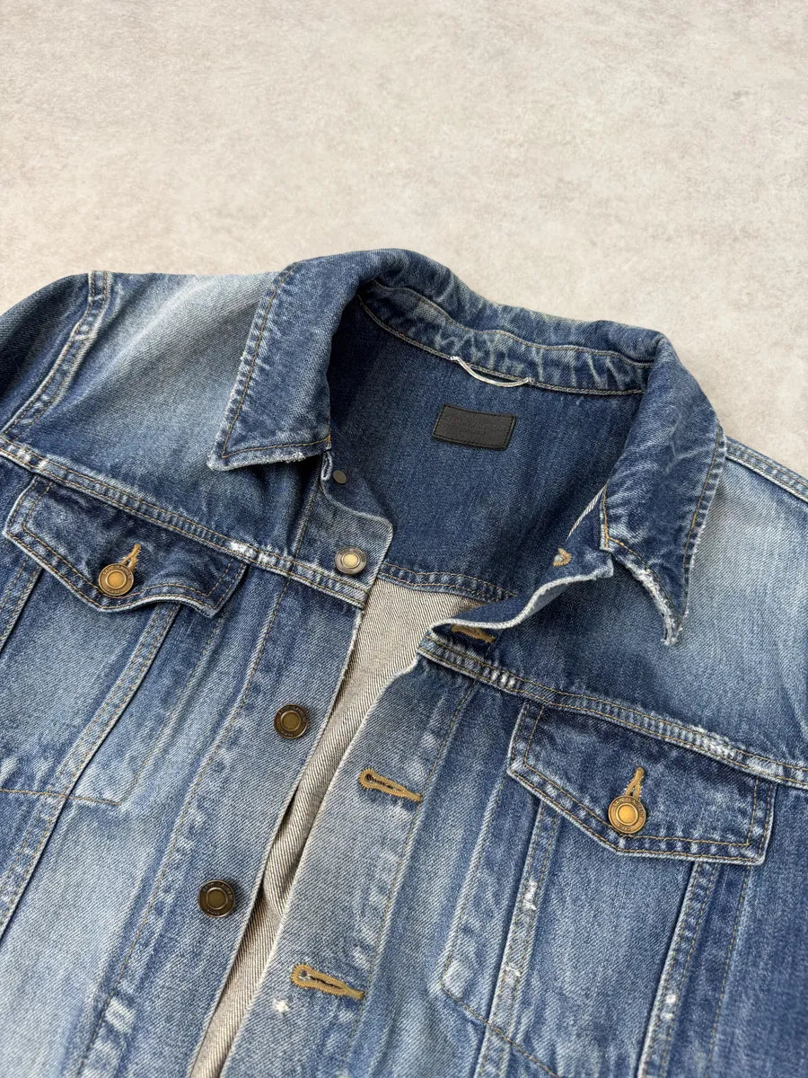 AW2019 Saint Laurent Blue Distressed Denim Jacket FeWMXvO 8