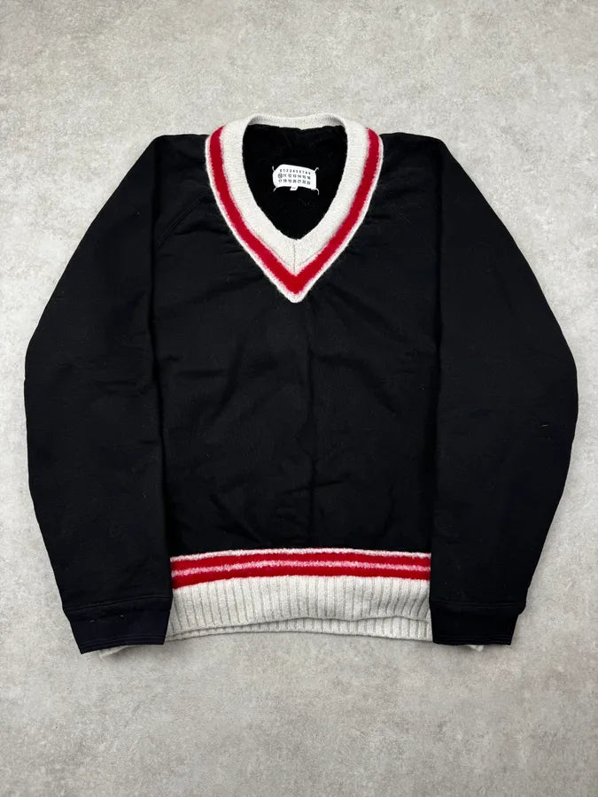 AW2020 Maison Margiela Black Candy Wool Stripes V-Neck Sweater zbesReI 0