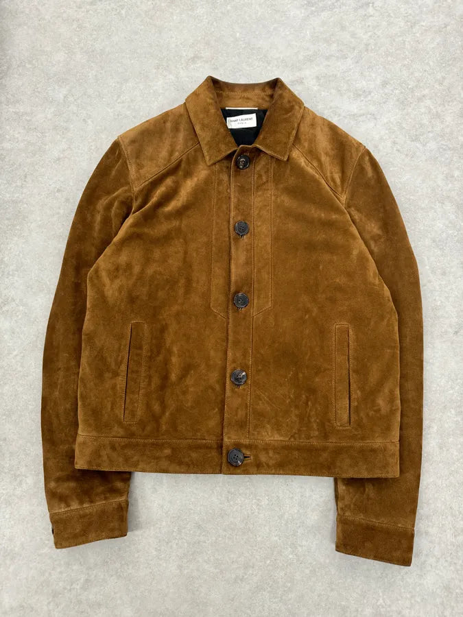 AW2020 Saint Laurent Brown Camel Suede Leather Trucker Jacket uVrrzhZ 3