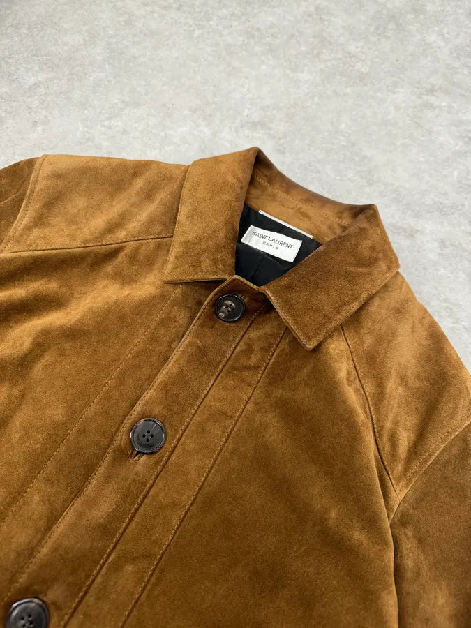 AW2020 Saint Laurent Brown Camel Suede Leather Trucker Jacket uVrrzhZ 4