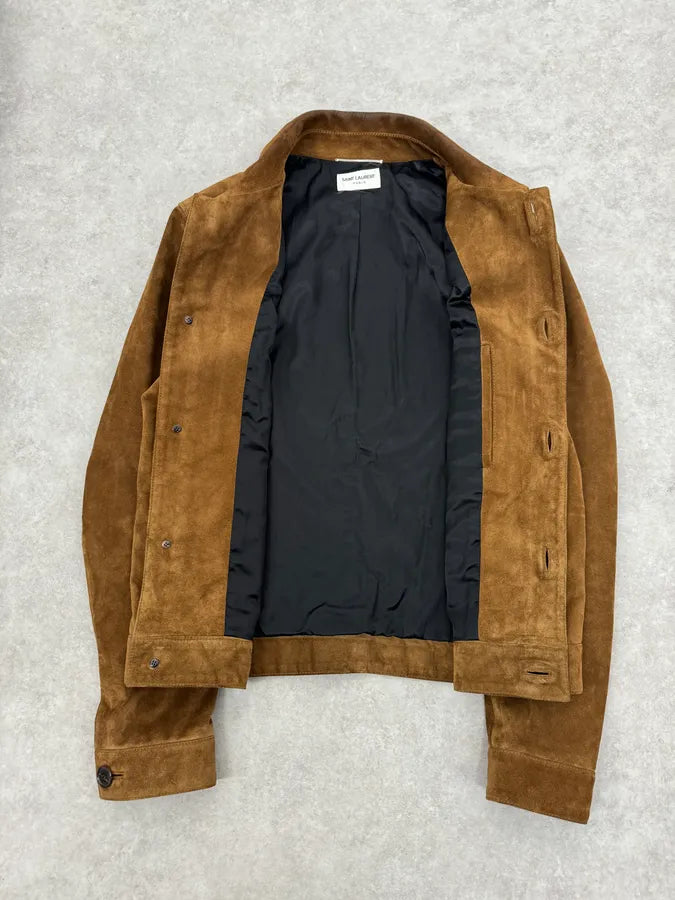 AW2020 Saint Laurent Brown Camel Suede Leather Trucker Jacket uVrrzhZ 7
