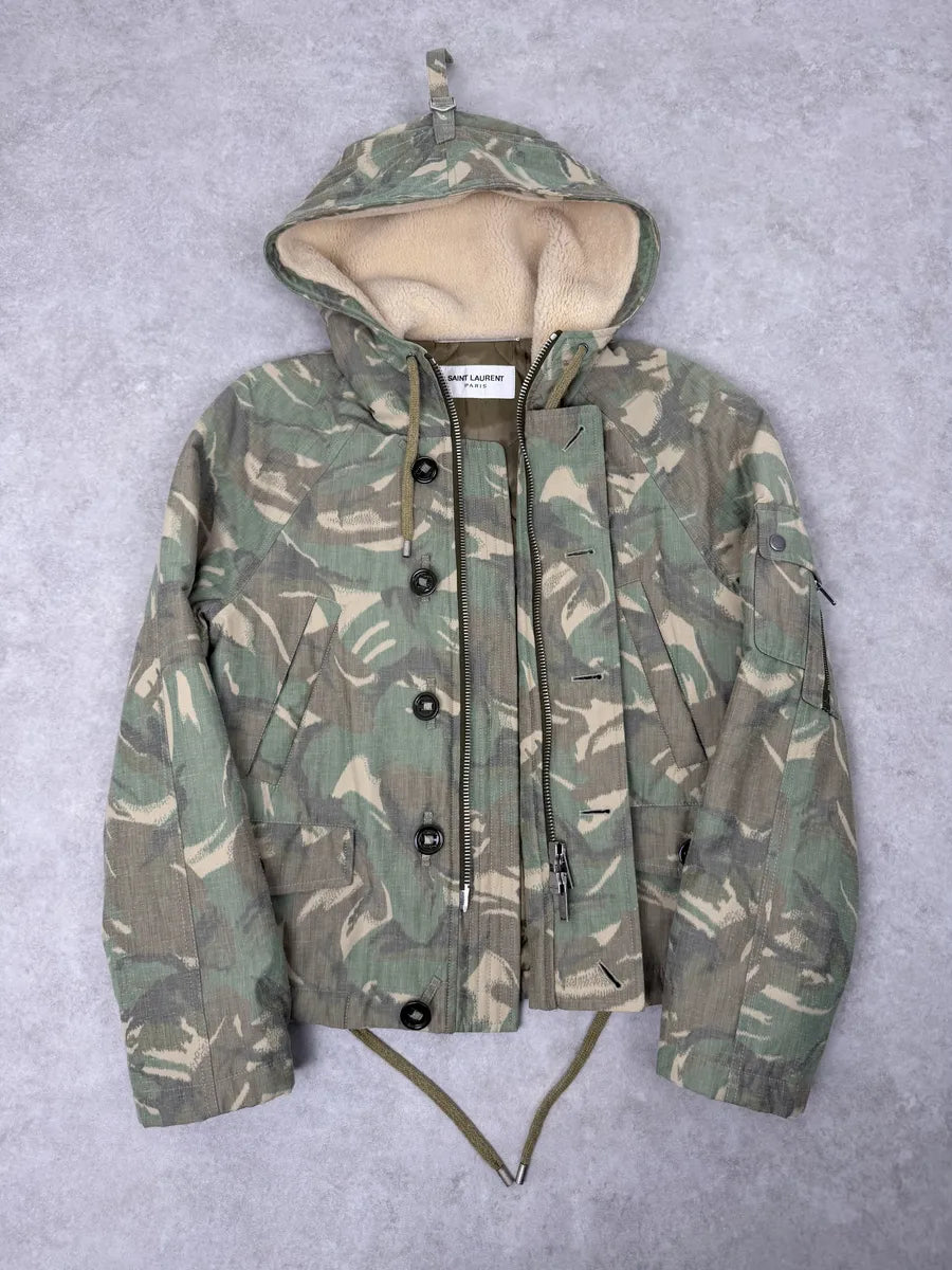 AW2020 Saint Laurent Military Hooded Camo Green Jacket OMrdhXg 4