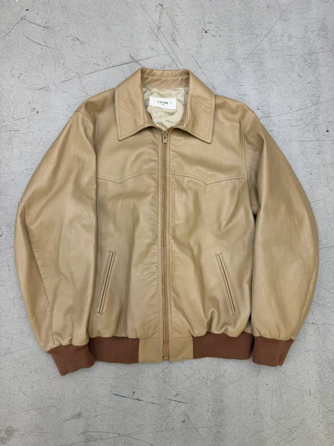 AW2021 Celine Beige Leather Bomber Jacket by Hedi Slimane vylodmg 0