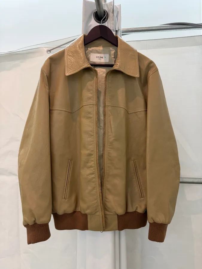 AW2021 Celine Beige Leather Bomber Jacket by Hedi Slimane vylodmg 1