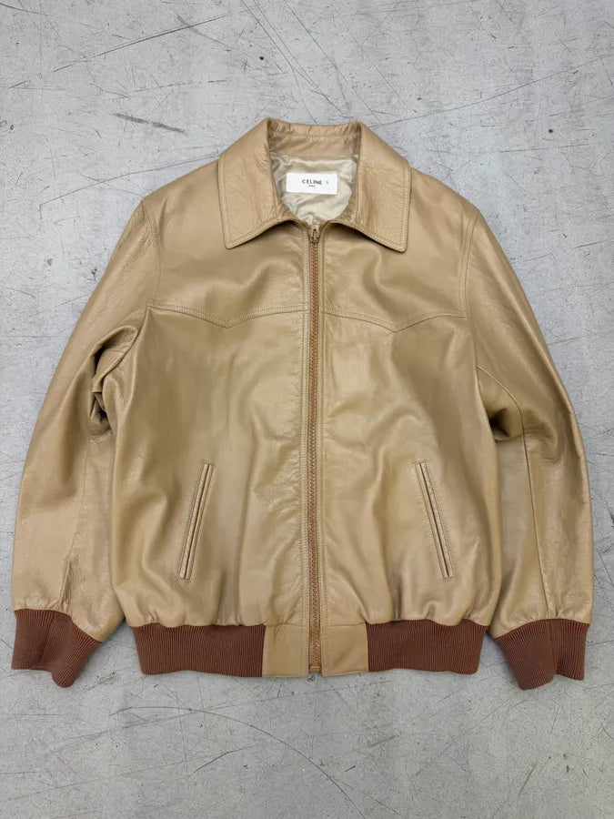 AW2021 Celine Beige Leather Bomber Jacket by Hedi Slimane vylodmg 3