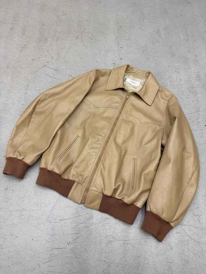 AW2021 Celine Beige Leather Bomber Jacket by Hedi Slimane vylodmg 4