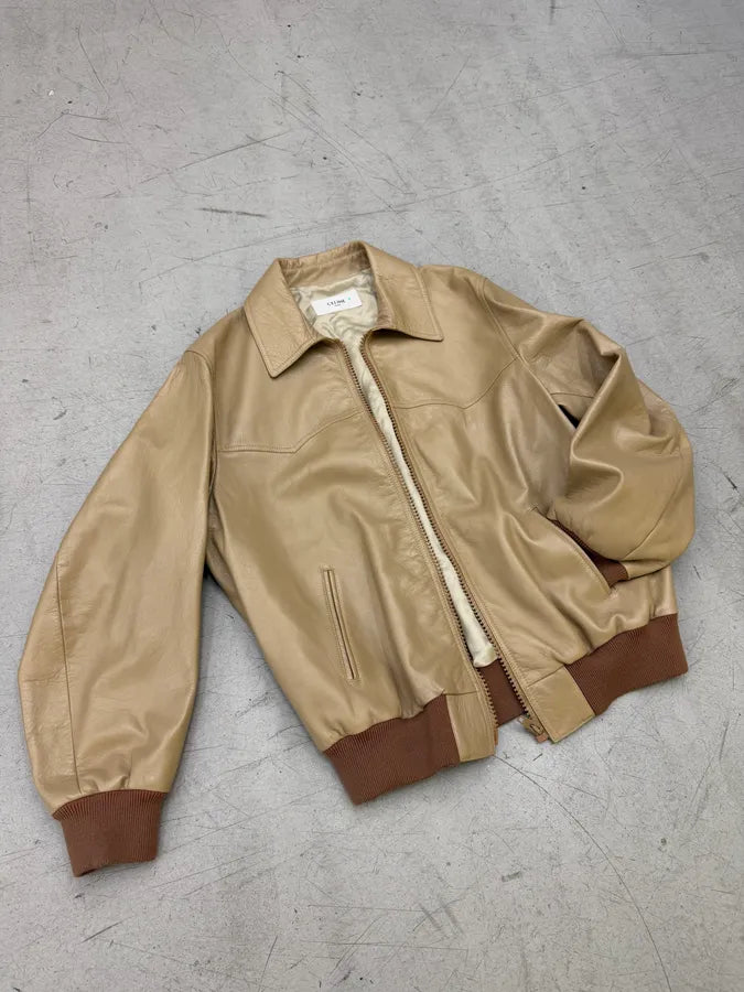 AW2021 Celine Beige Leather Bomber Jacket by Hedi Slimane vylodmg 5