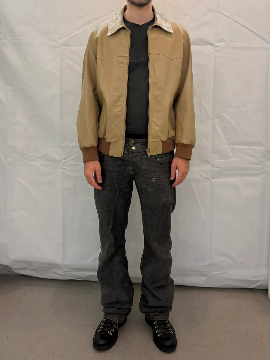 AW2021 Celine Beige Leather Bomber Jacket by Hedi Slimane vylodmg 6