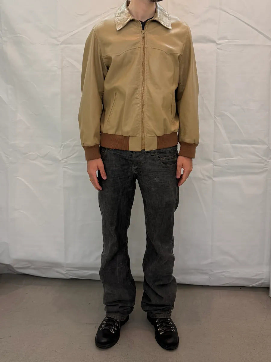 AW2021 Celine Beige Leather Bomber Jacket by Hedi Slimane vylodmg 7