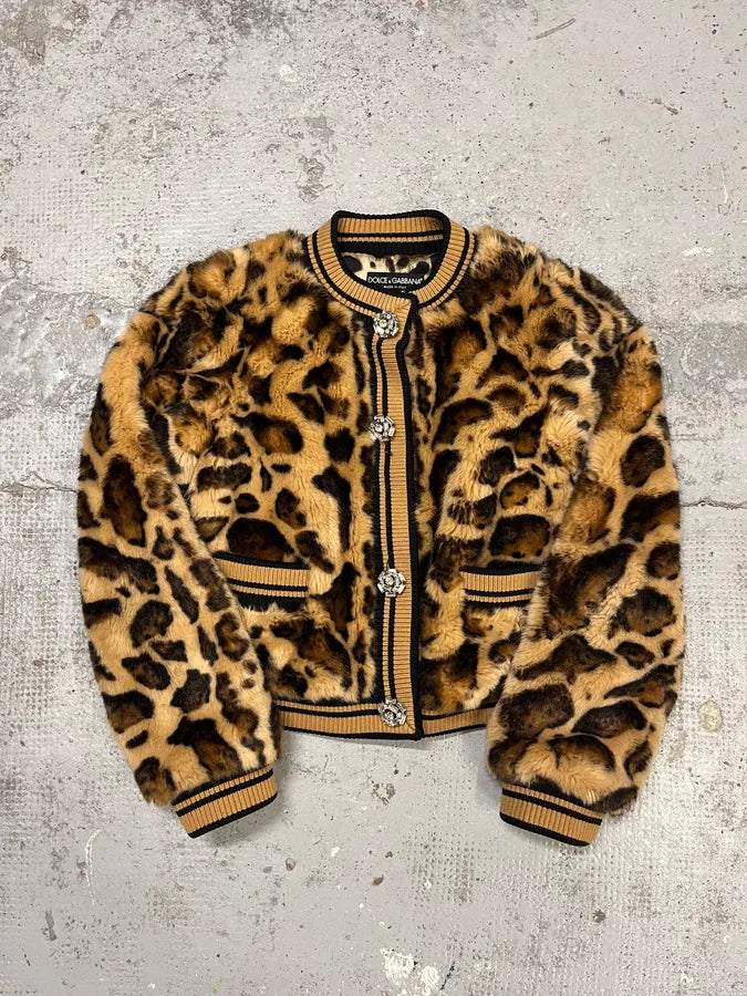 AW2021 Dolce & Gabbana Leopard Print Fur Bomber Cardigan Jacket gXTZrcC 0