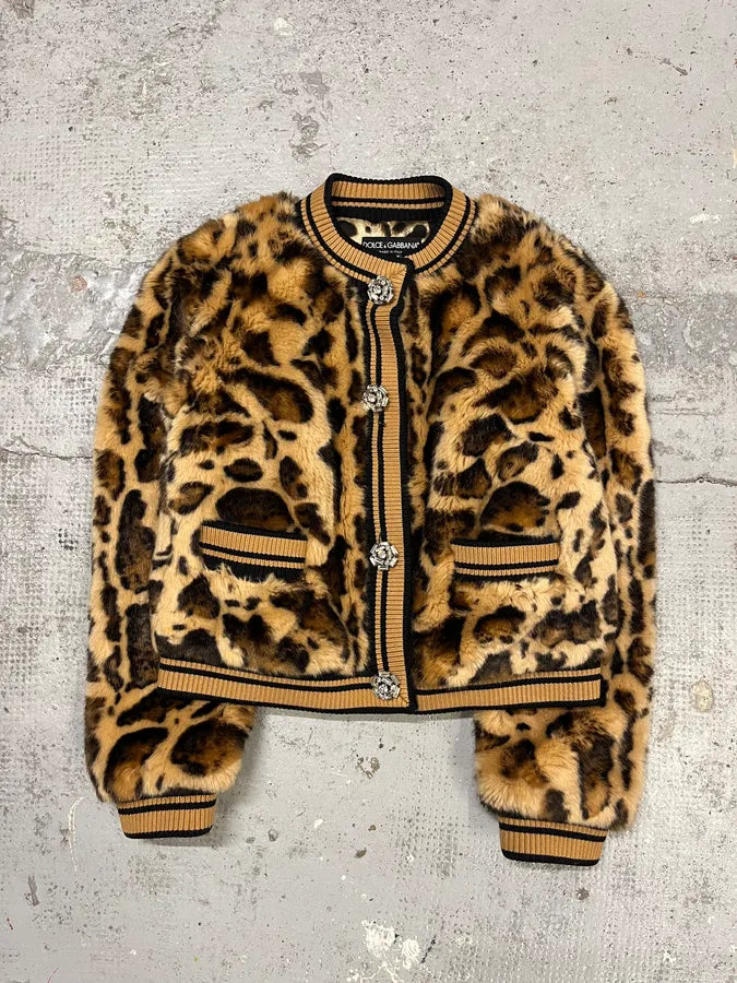 AW2021 Dolce & Gabbana Leopard Print Fur Bomber Cardigan Jacket gXTZrcC 4