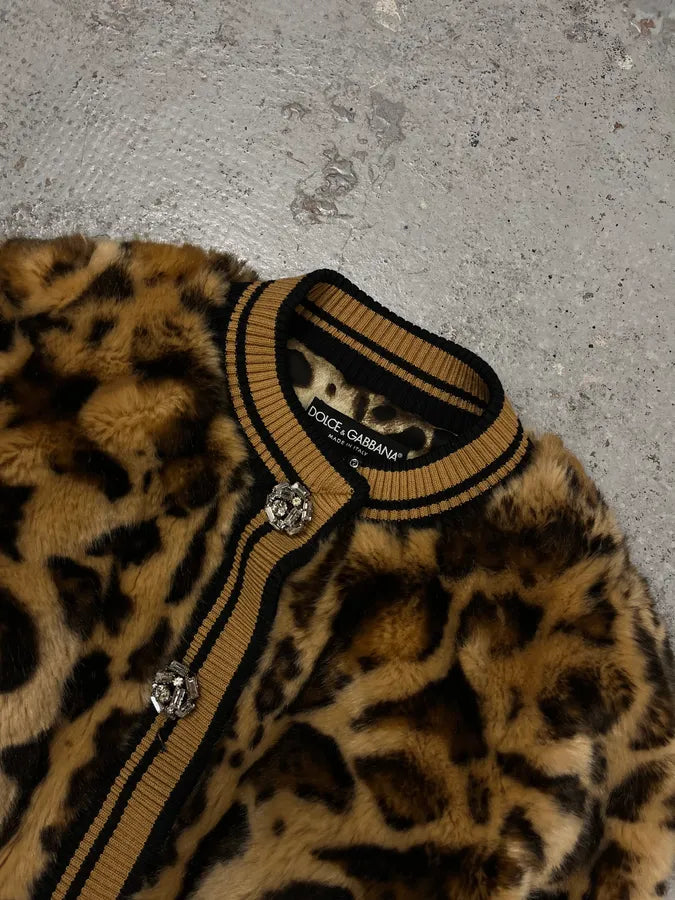 AW2021 Dolce & Gabbana Leopard Print Fur Bomber Cardigan Jacket gXTZrcC 5