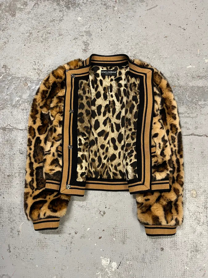AW2021 Dolce & Gabbana Leopard Print Fur Bomber Cardigan Jacket gXTZrcC 7