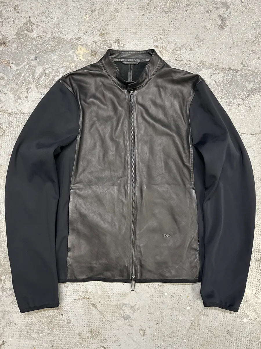 AW2021 Emporio Armani Black Leather Hybrid Jacket fONEXcG 0