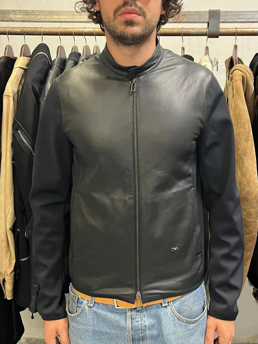 AW2021 Emporio Armani Black Leather Hybrid Jacket fONEXcG 1
