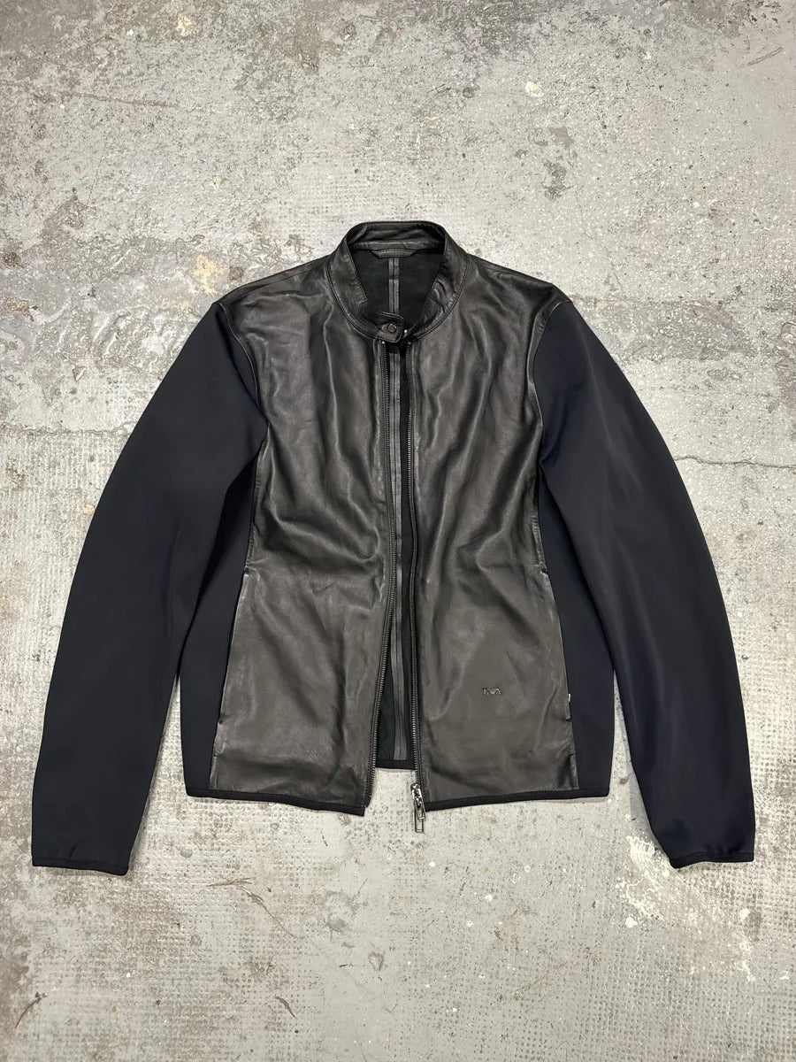 AW2021 Emporio Armani Black Leather Hybrid Jacket fONEXcG 2
