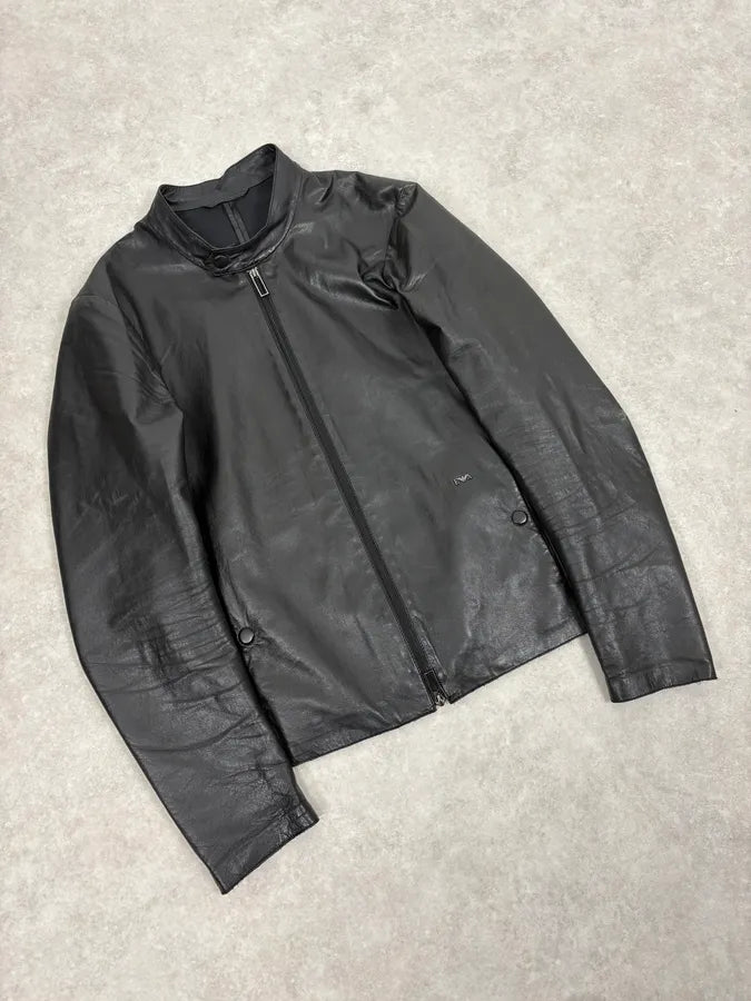 AW2021 Emporio Armani Black Premium Minimalist Leather Jacket uhIPqeO 1