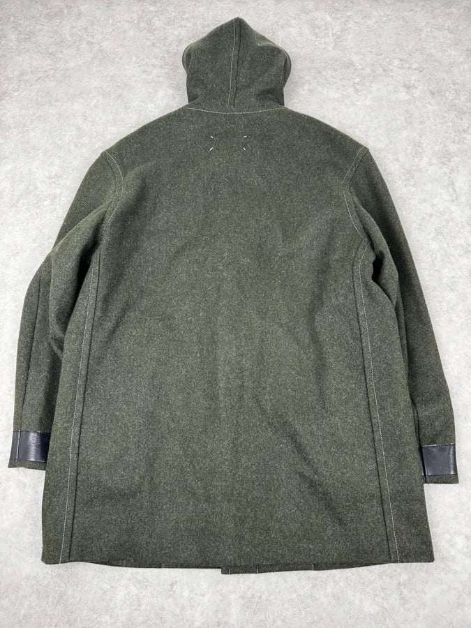 AW2021 Maison Margiela Montgomery Green Wool & Leather Hooded Coat GfHdTpE 3