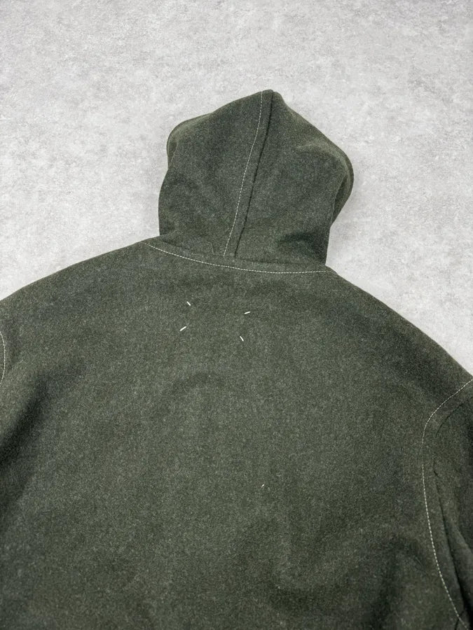 AW2021 Maison Margiela Montgomery Green Wool & Leather Hooded Coat GfHdTpE 5