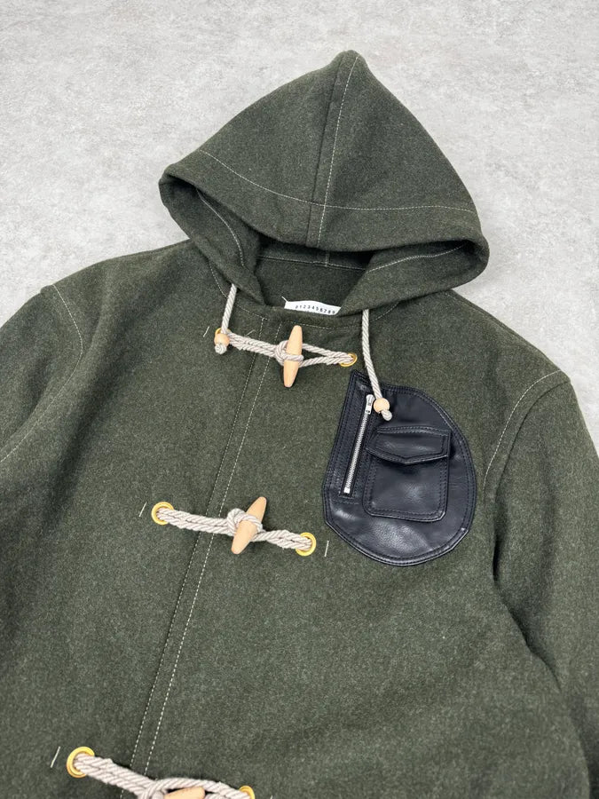 AW2021 Maison Margiela Montgomery Green Wool & Leather Hooded Coat GfHdTpE 4