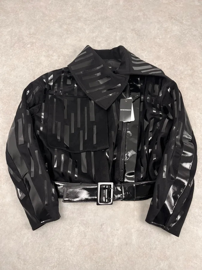 AW2022 Emporio Armani Black Asymmetrical Zip Cropped Bomber Jacket tApXHki 0