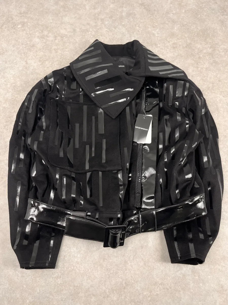 AW2022 Emporio Armani Black Asymmetrical Zip Cropped Bomber Jacket tApXHki 4