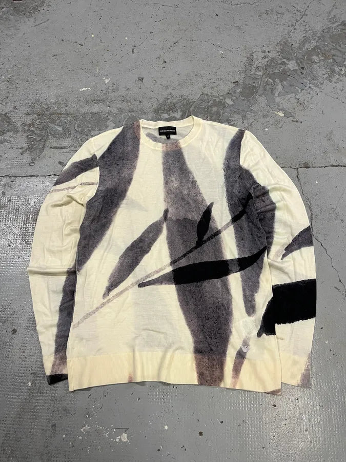 AW2023 Emporio Armani Ink Leaves White & Grey Sweater qvpMmWW 2