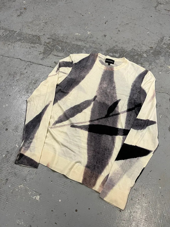AW2023 Emporio Armani Ink Leaves White & Grey Sweater qvpMmWW 4