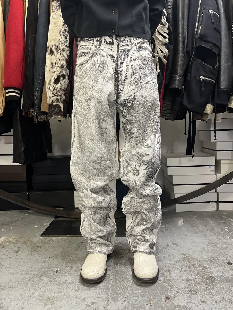AW2023 Maison Margiela MM6 White & Black Trompe L’oeil Painted Flowers Pants ypmyGlO 0