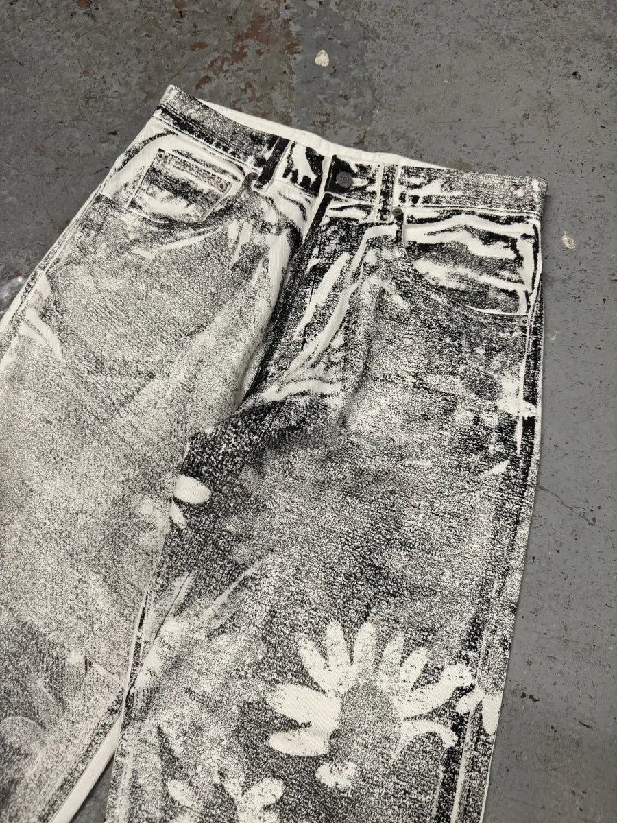 AW2023 Maison Margiela MM6 White & Black Trompe L’oeil Painted Flowers Pants ypmyGlO 5