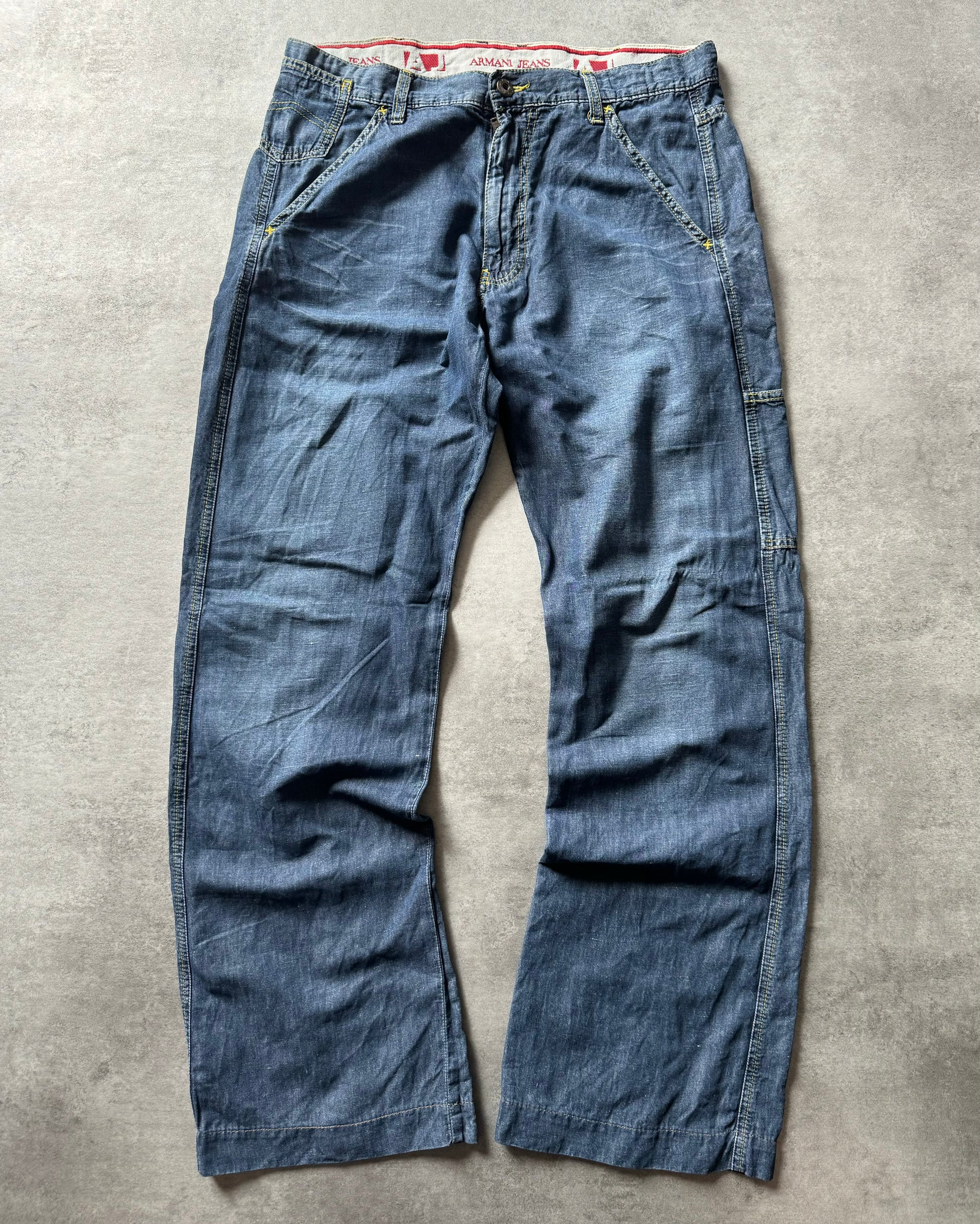 2000s Armani Relaxed Straight Linen Blue Pants (M) - 1