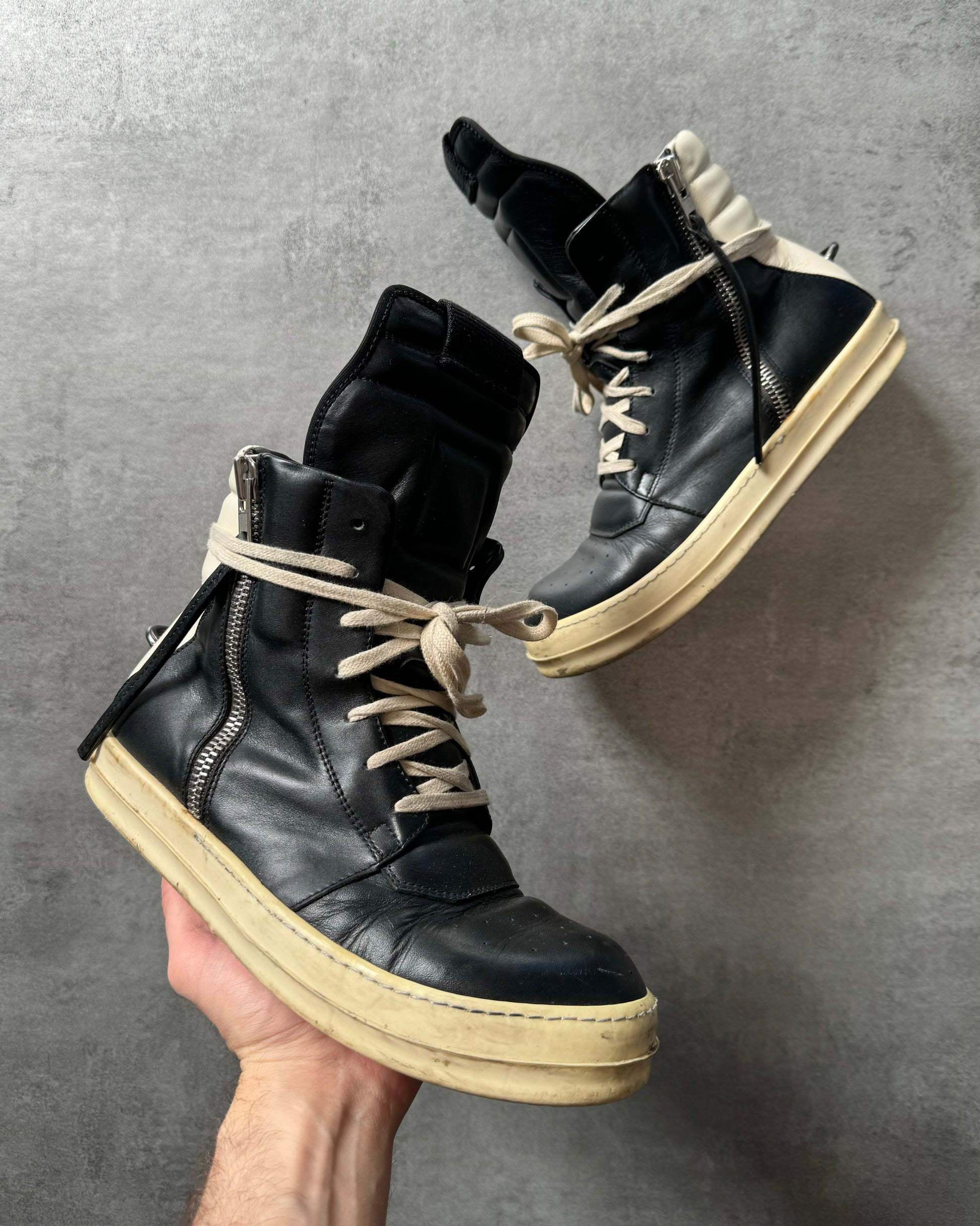 Rick Owens Black & White Leather Geobasket  (41) - 1