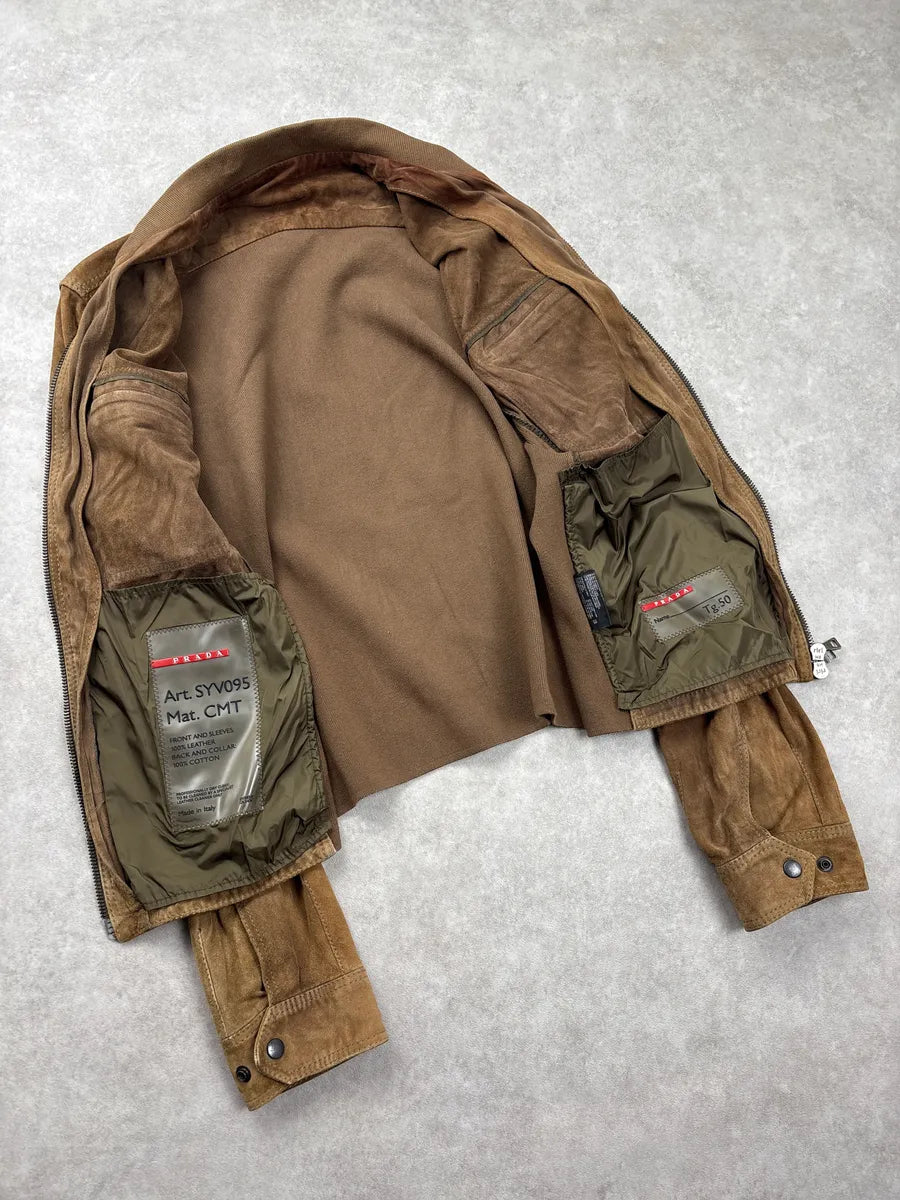 2000s Prada Brown Utility Pocket Hybrid Bomber Suede Leather Jacket bFhgonnB 6