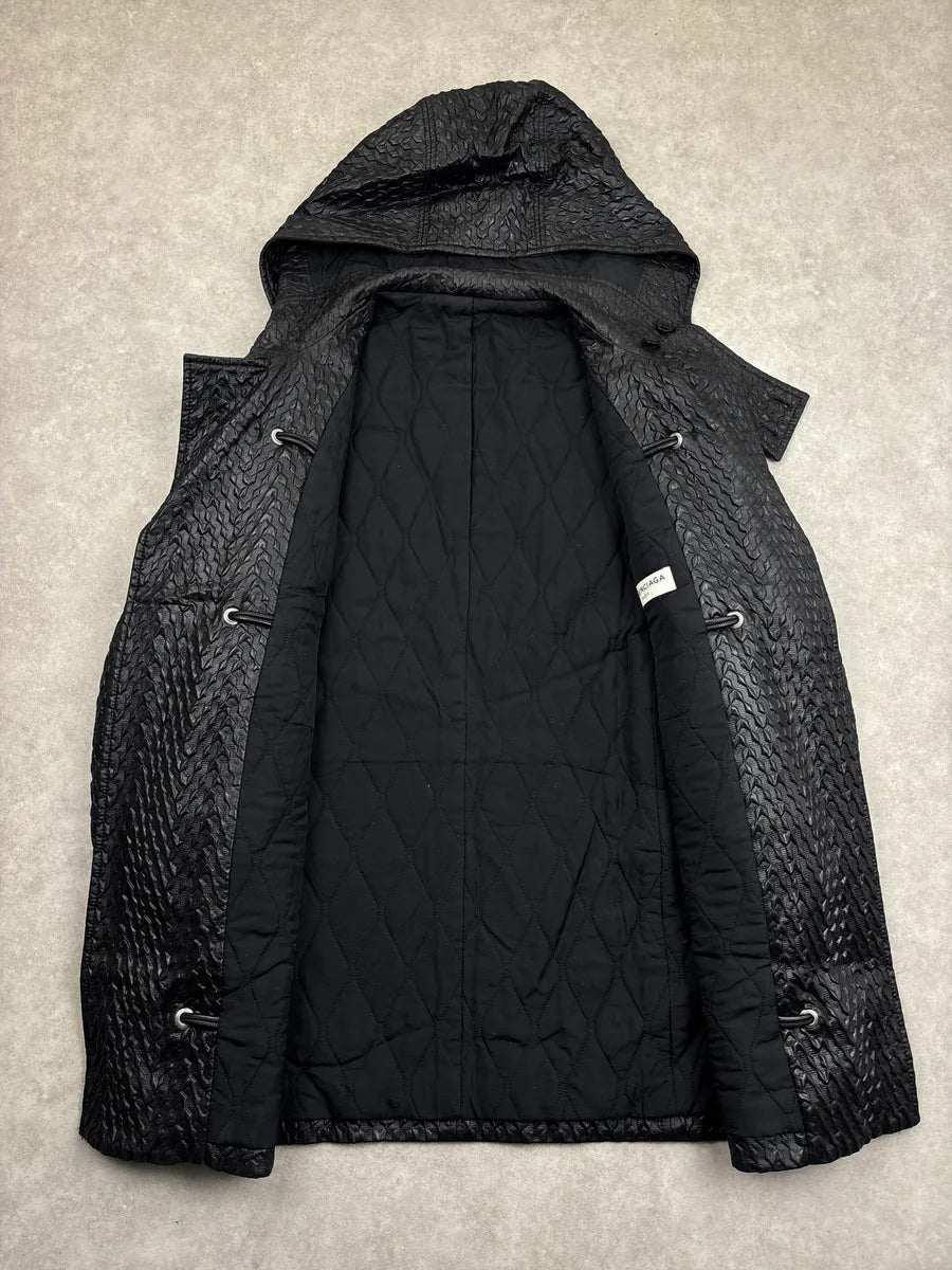 AW2014 Balenciaga Black Textured Hooded Toggle Coat bKwPvxlC 3