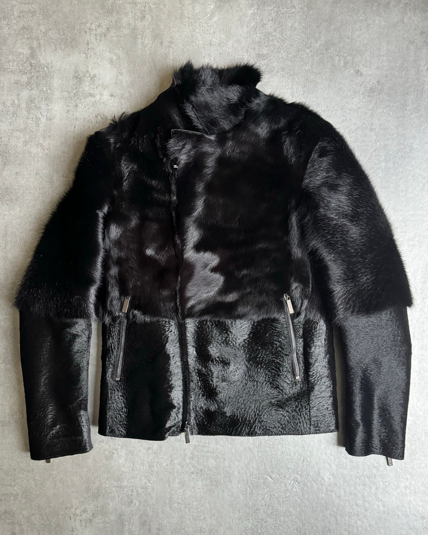 AW2012 Emporio Armani Black Baby Calf Skin Fur Asymmetrical Jacket (M) - 1