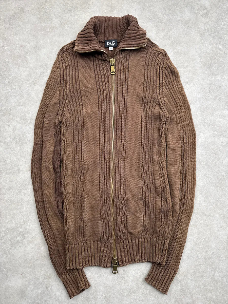 2000s Dolce & Gabbana Brown Ribbed Knit Zip Up Sweater bYSehhfh 3