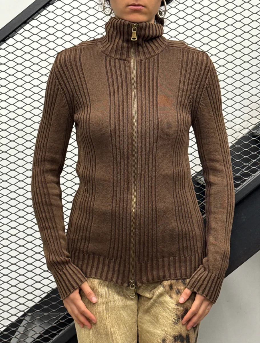 2000s Dolce & Gabbana Brown Ribbed Knit Zip Up Sweater bYSehhfh 0