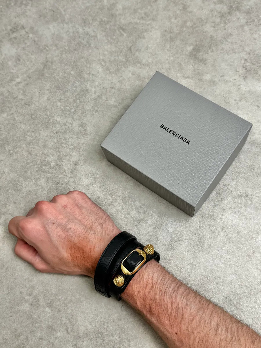 Balenciaga Black & Gold Studded City Leather Bracelet bwWArRF 0
