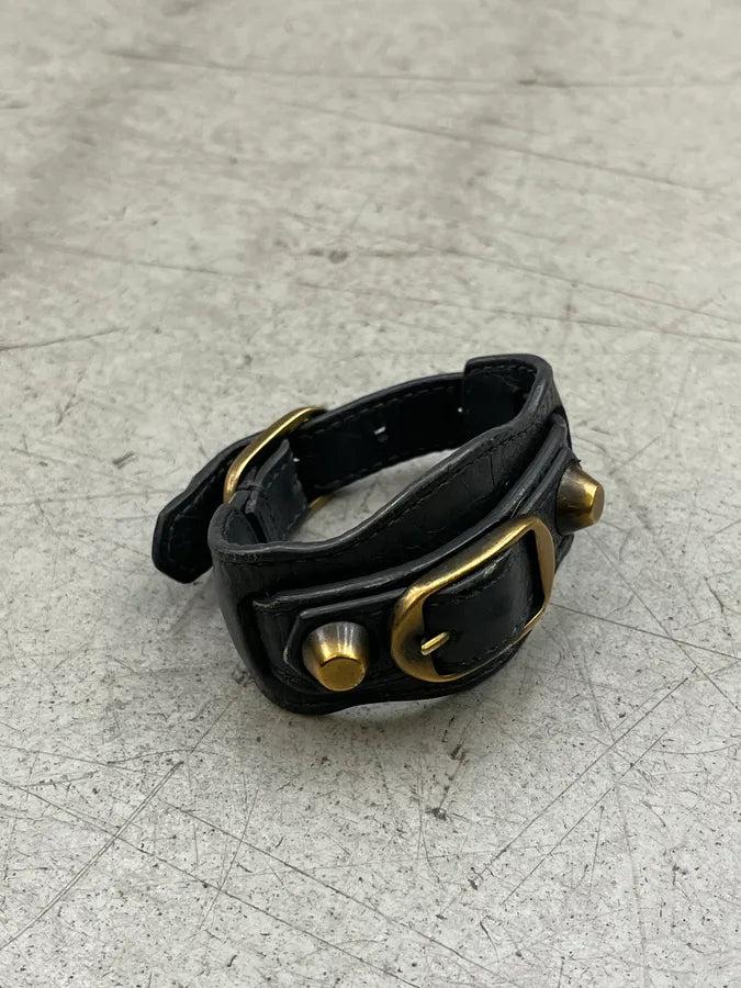 Balenciaga Black & Gold Studded City Leather Bracelet JISuBAx 2