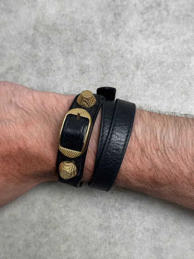 Balenciaga Black & Gold Studded City Leather Bracelet bwWArRF 2